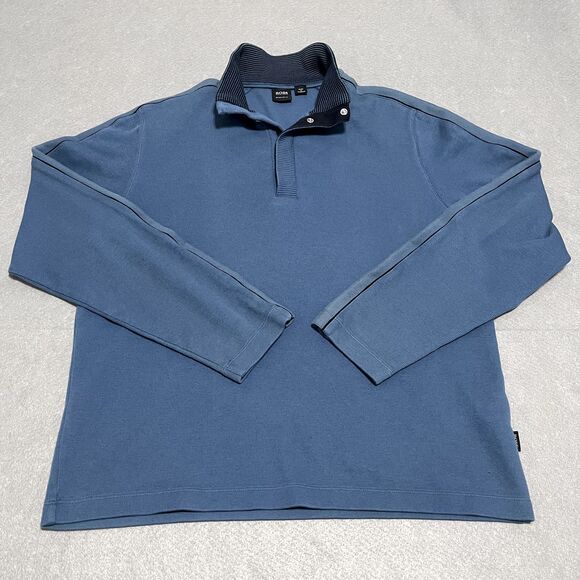 Hugo Boss Sweater Mens Large Blue 1/4 Mock Neck Snap Buttons Regular Fit Preppy - Picture 1 of 10
